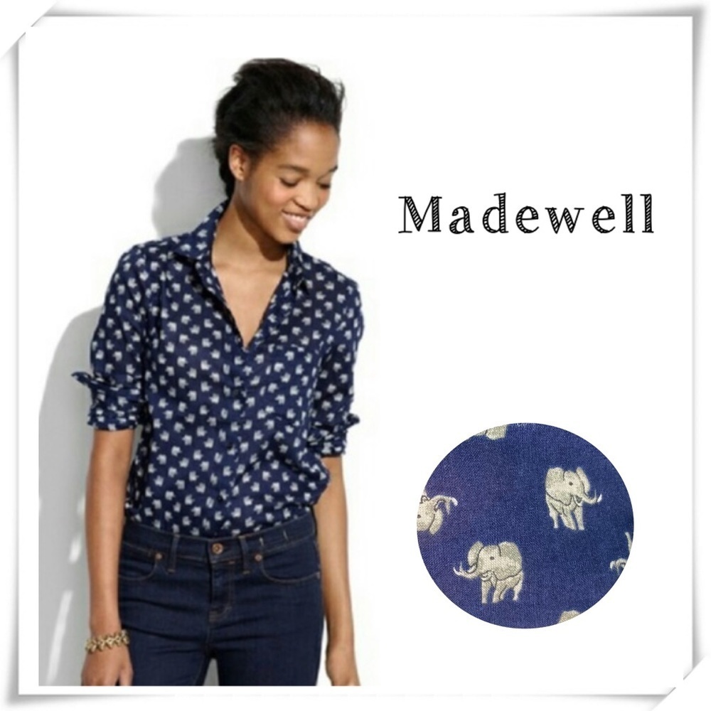 MADEWELL Cotton Elephant Print Button down Shirt in Navy Blue Size S Style 02862